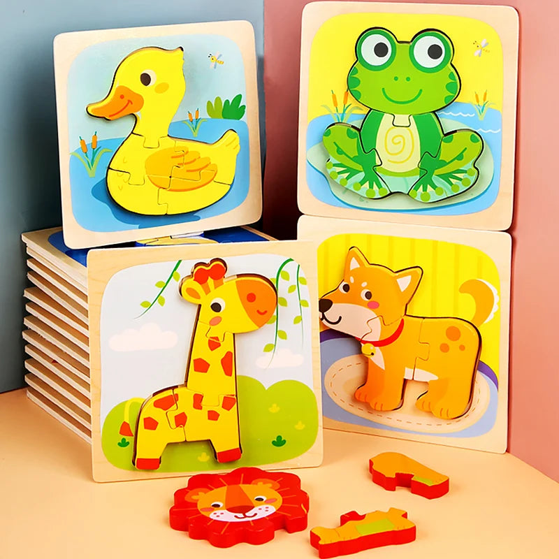 High Quality 3D Wooden Puzzle Baby Cartoon Animal Traffic Jigsaw Early Learning Cognition Game Puzzle Toys Gifts for Children