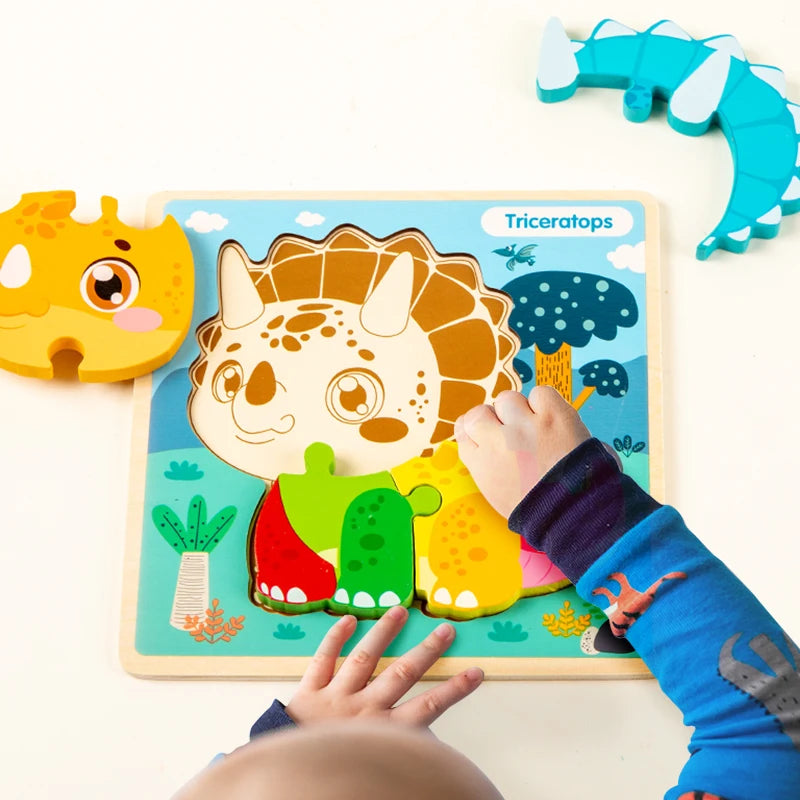 High Quality 3D Montessori Wooden Cartoon Dinosaur Puzzle Early Learning Cognition Shapes Games Puzzles Toys Gifts for Children