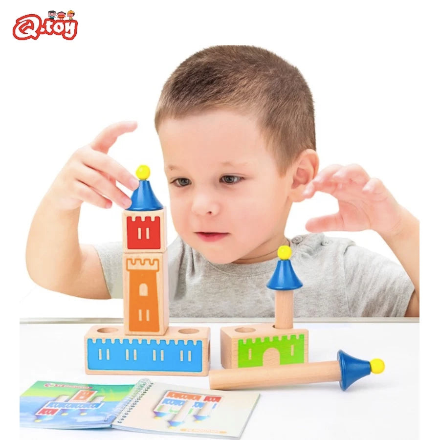 Wooden block puzzle Montessori kid toys wood changing dream castle building block IQ training game thinking gift logical