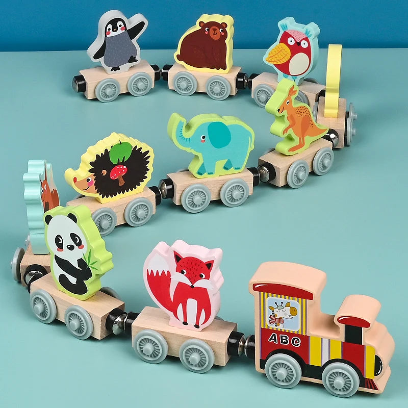 Magnetic Wooden Small Train Toys Children Puzzle Magnetic Building Assembling Blocks Baby Transportation Animal Fruit Train Toys