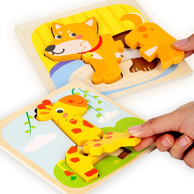 High Quality 3D Wooden Puzzle Baby Cartoon Animal Traffic Jigsaw Early Learning Cognition Game Puzzle Toys Gifts for Children
