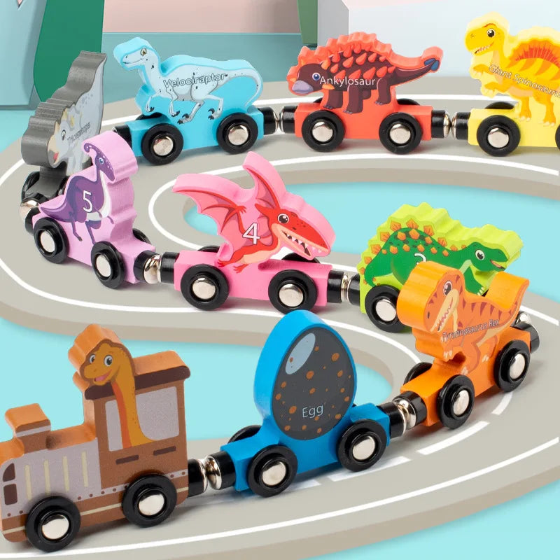 Montessori Magnetic Dinosaur Wooden Train Toys Early Educational Cognition Toy Learning Cars Animal Puzzle Train Set Kids Toy