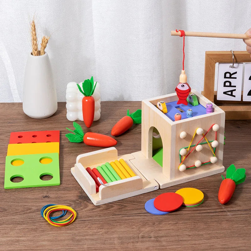 New Montessori Wooden Shape Color Match Coin Box Permanent Double drawer Kids Sensory Toys Radish Blocks Box Toys for Baby Gifts