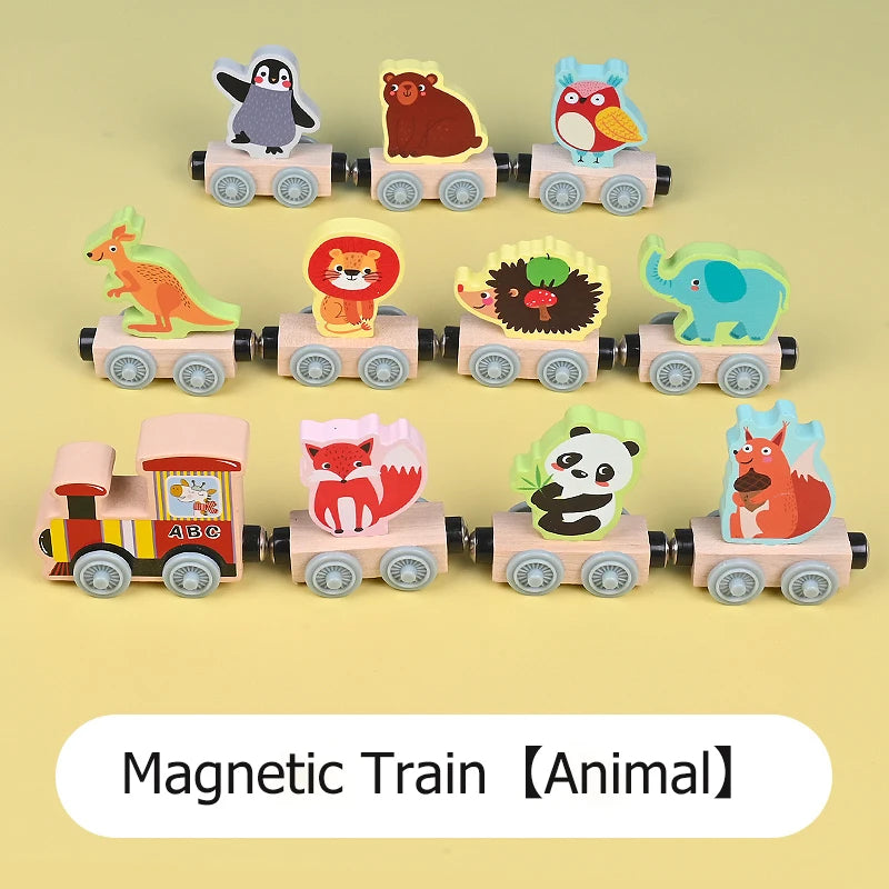 Magnetic Wooden Small Train Toys Children Puzzle Magnetic Building Assembling Blocks Baby Transportation Animal Fruit Train Toys