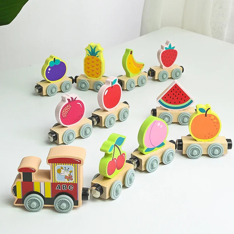 Magnetic Wooden Small Train Toys Children Puzzle Magnetic Building Assembling Blocks Baby Transportation Animal Fruit Train Toys