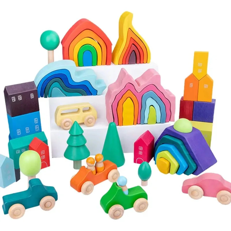 Four Elements Forest Small Tree House Coral Wooden Jigsaw Puzzle Ins Stacking Blocks Building Toys for Children's Pretend Play