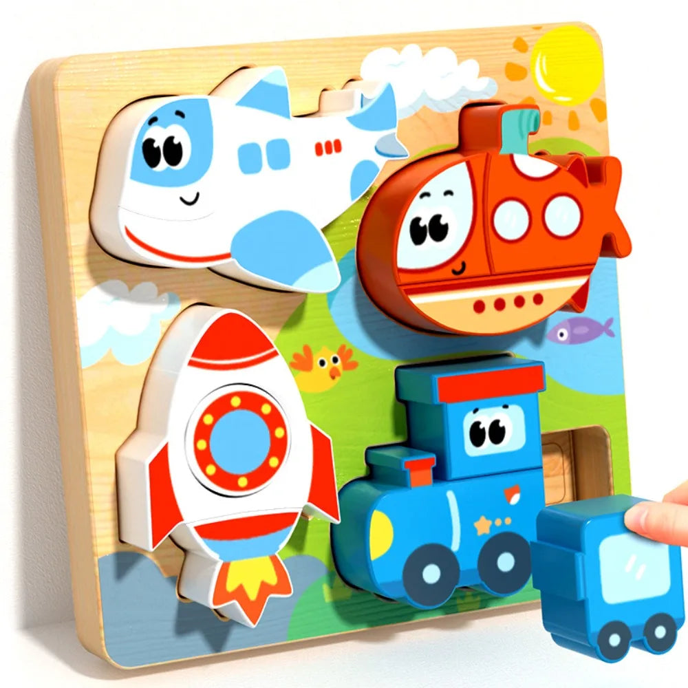 New 4-in-1 Wood Puzzle 3D Safe Animals Cognitive Jigsaw Puzzle Portable Cartoon Early Learning Puzzle Set Children Educational