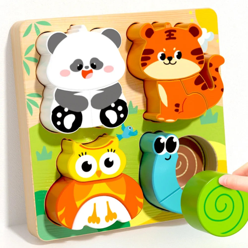 New 4-in-1 Wood Puzzle 3D Safe Animals Cognitive Jigsaw Puzzle Portable Cartoon Early Learning Puzzle Set Children Educational