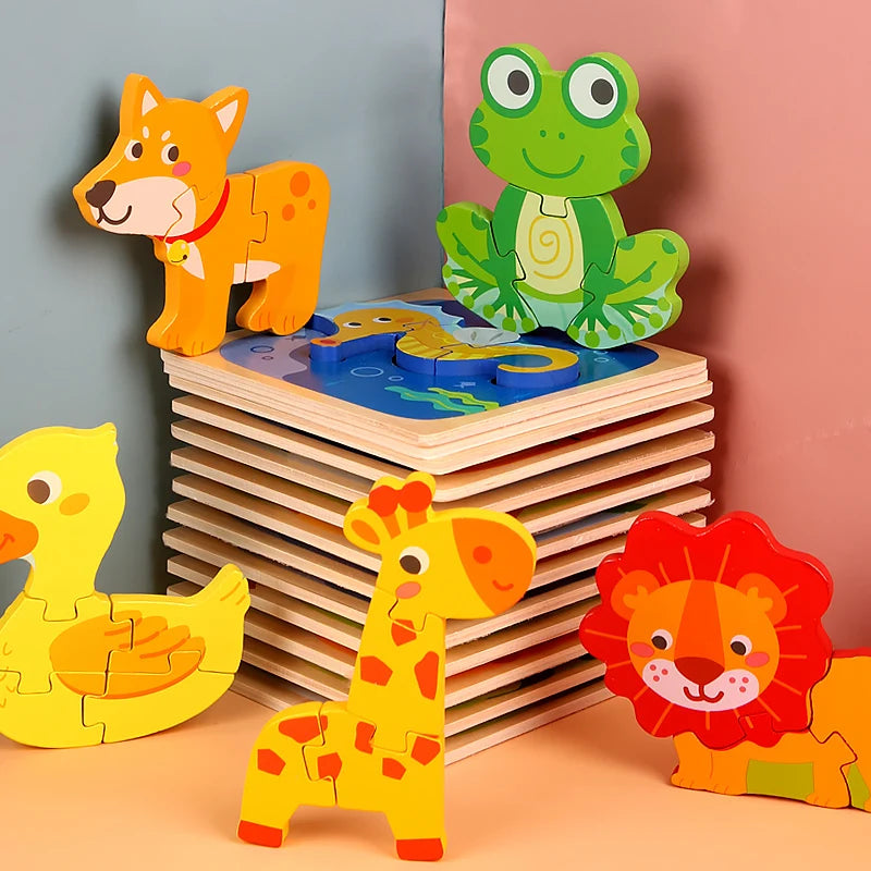 High Quality 3D Wooden Puzzle Baby Cartoon Animal Traffic Jigsaw Early Learning Cognition Game Puzzle Toys Gifts for Children