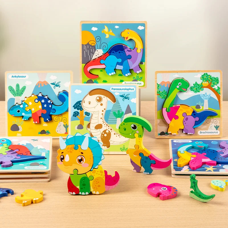 High Quality 3D Montessori Wooden Cartoon Dinosaur Puzzle Early Learning Cognition Shapes Games Puzzles Toys Gifts for Children