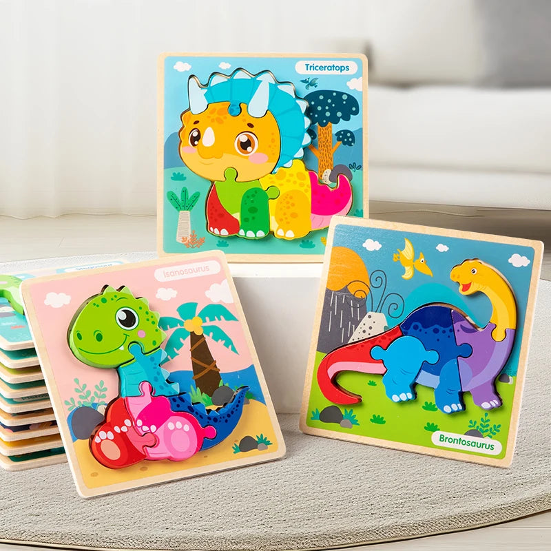 High Quality 3D Montessori Wooden Cartoon Dinosaur Puzzle Early Learning Cognition Shapes Games Puzzles Toys Gifts for Children