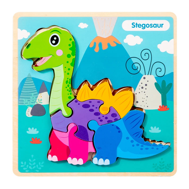 High Quality 3D Montessori Wooden Cartoon Dinosaur Puzzle Early Learning Cognition Shapes Games Puzzles Toys Gifts for Children
