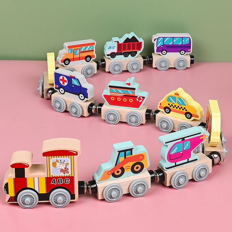 Magnetic Wooden Small Train Toys Children Puzzle Magnetic Building Assembling Blocks Baby Transportation Animal Fruit Train Toys