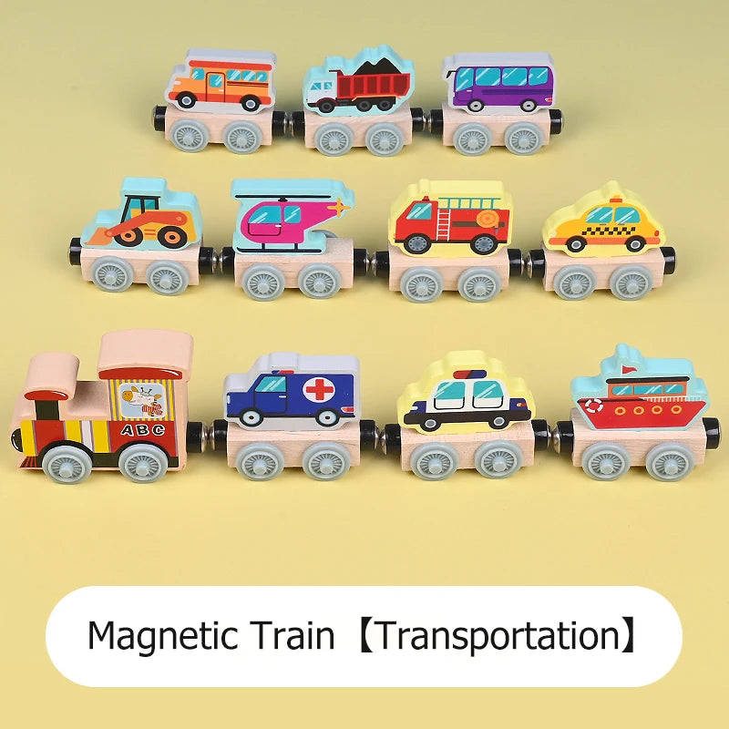 Magnetic Wooden Small Train Toys Children Puzzle Magnetic Building Assembling Blocks Baby Transportation Animal Fruit Train Toys