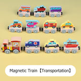 Magnetic Wooden Small Train Toys Children Puzzle Magnetic Building Assembling Blocks Baby Transportation Animal Fruit Train Toys