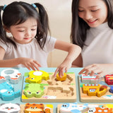 New 4-in-1 Wood Puzzle 3D Safe Animals Cognitive Jigsaw Puzzle Portable Cartoon Early Learning Puzzle Set Children Educational
