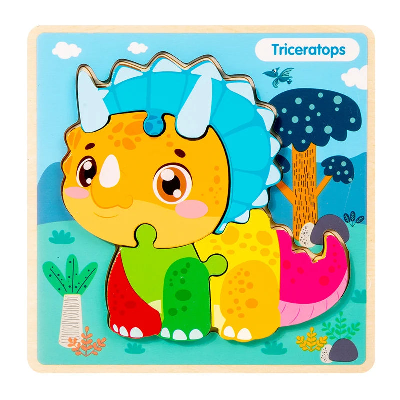 High Quality 3D Montessori Wooden Cartoon Dinosaur Puzzle Early Learning Cognition Shapes Games Puzzles Toys Gifts for Children