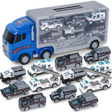 AMOR PRESENT 21PCS Police Truck Toy Set Blue Carrier Truck with Small Police Toy Cars Policemen Figures for Kids Birthday Present