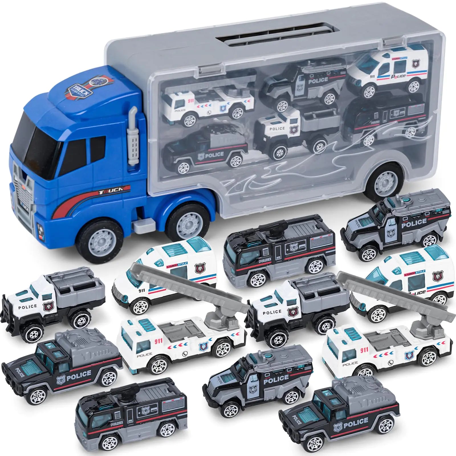 AMOR PRESENT 21PCS Police Truck Toy Set Blue Carrier Truck with Small Police Toy Cars Policemen Figures for Kids Birthday Present