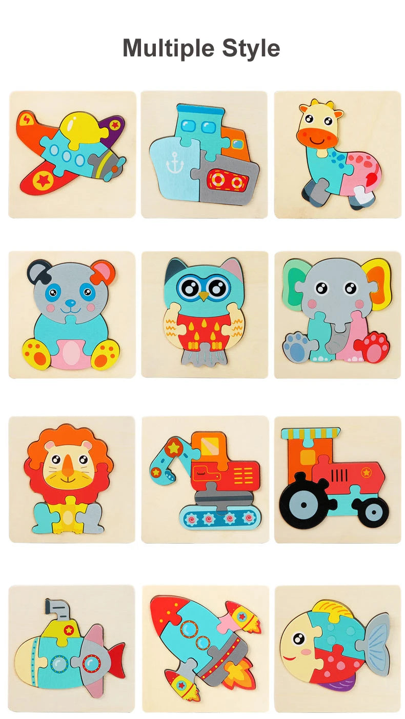 Kids Wooden Toys 3D Wood Puzzle Cartoon Animals Cognitive Jigsaw Puzzle Early Learning Educational Toys For Children Gift