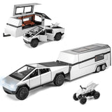Youngyes Cybertruck Toy for Kids Pickup Truck with RV Motorcycle Cybertquad Metal Die-cast Model Car 1/32 Toy Truck and Trailer with Sound/Light/Pull Back Ideal Gift for Boys Aged 6 and Up (Silver)