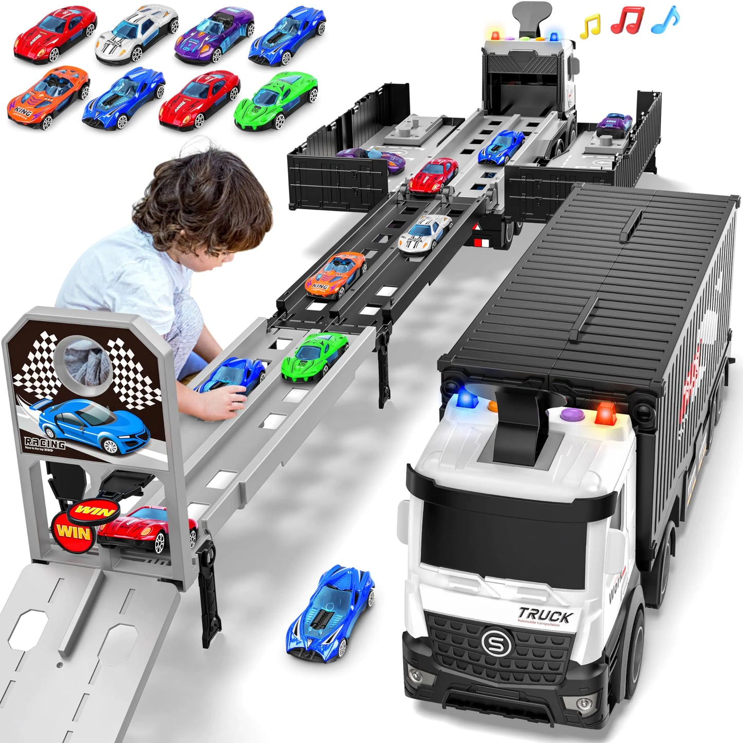 Carrier Truck Race Track Boys Toys Foldable 3 Layer Car Race Track Playset Toy Truck Transport Car Carrier & 8 Race Cars Truck Car Toddlers Toys B-Day Gifts for Age 3 4 5 6+ Years Old Boys Toys