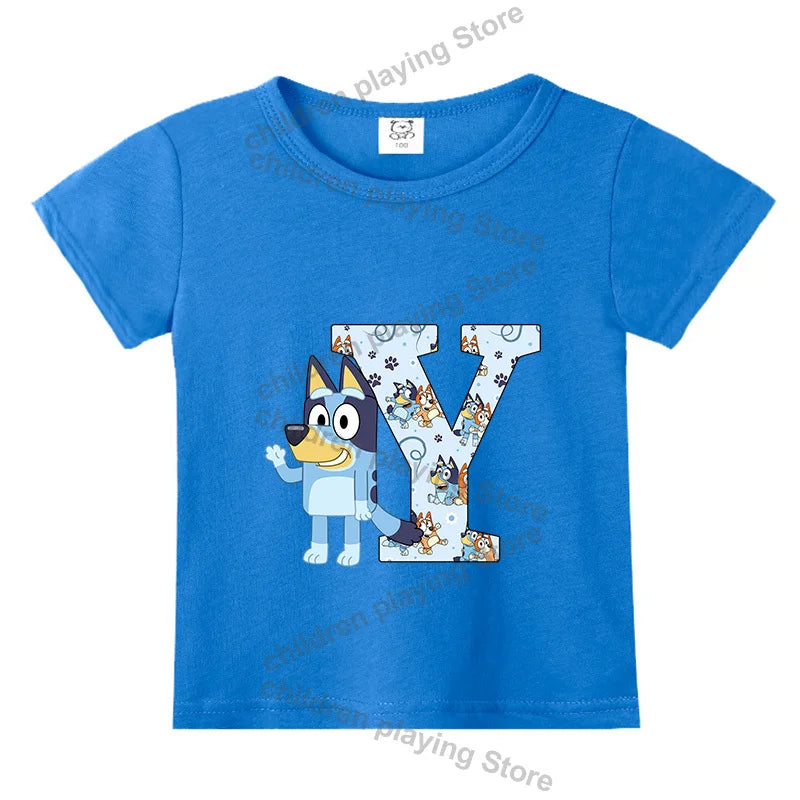 Blueyi Theme T-Shirt Blue Letter A-Z Printed Summer Kids Short Sleeve Top O-neck Cartoon Bingo Casual Tees Funny Gifts