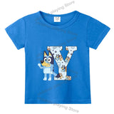 Blueyi Theme T-Shirt Blue Letter A-Z Printed Summer Kids Short Sleeve Top O-neck Cartoon Bingo Casual Tees Funny Gifts