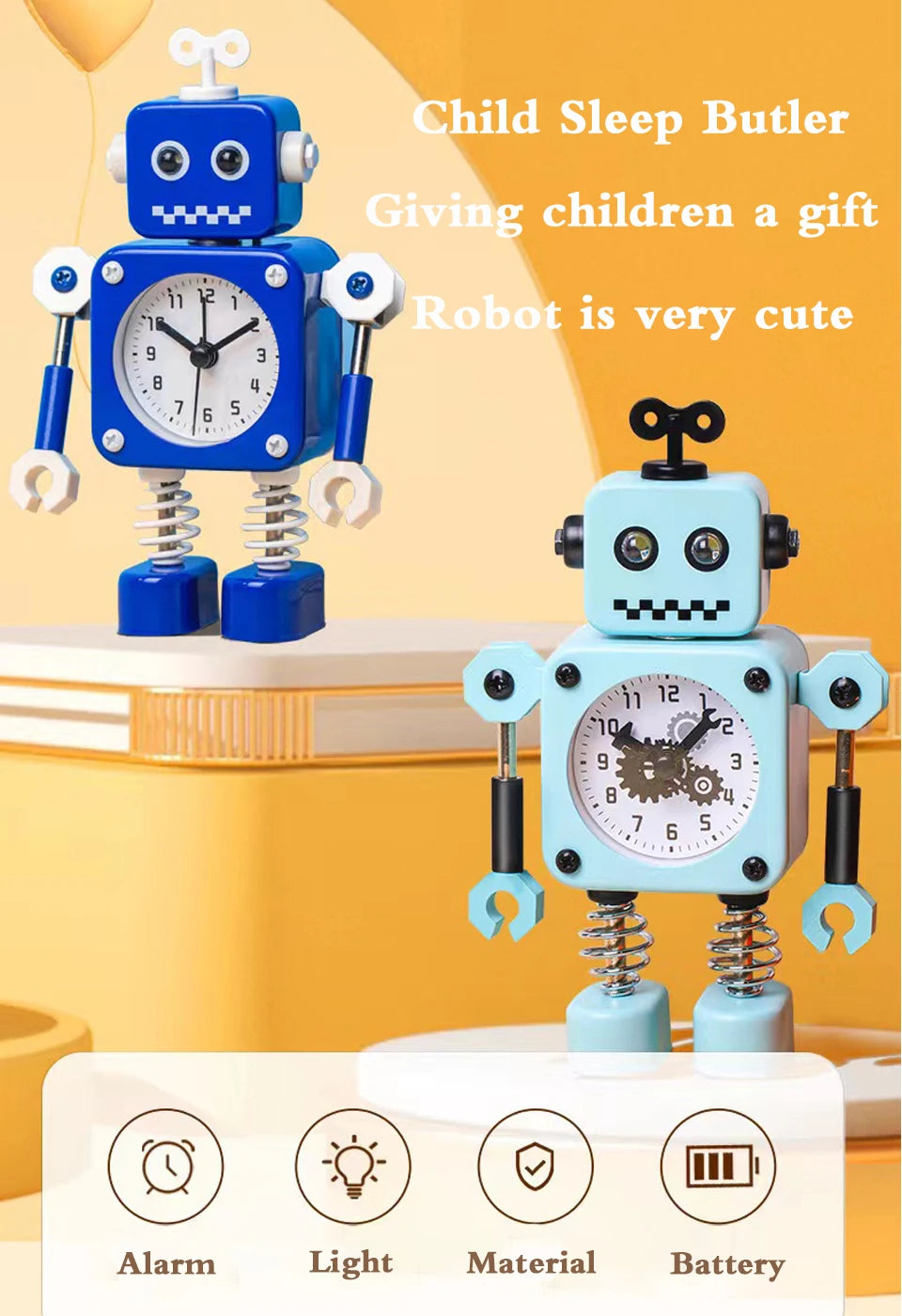 Robot Alarm Clock, Non-Ticking Wake-up Clock with Flashing Eye Lights and Rotating Arm, Gift for Kids, Funny Decoration for Desk