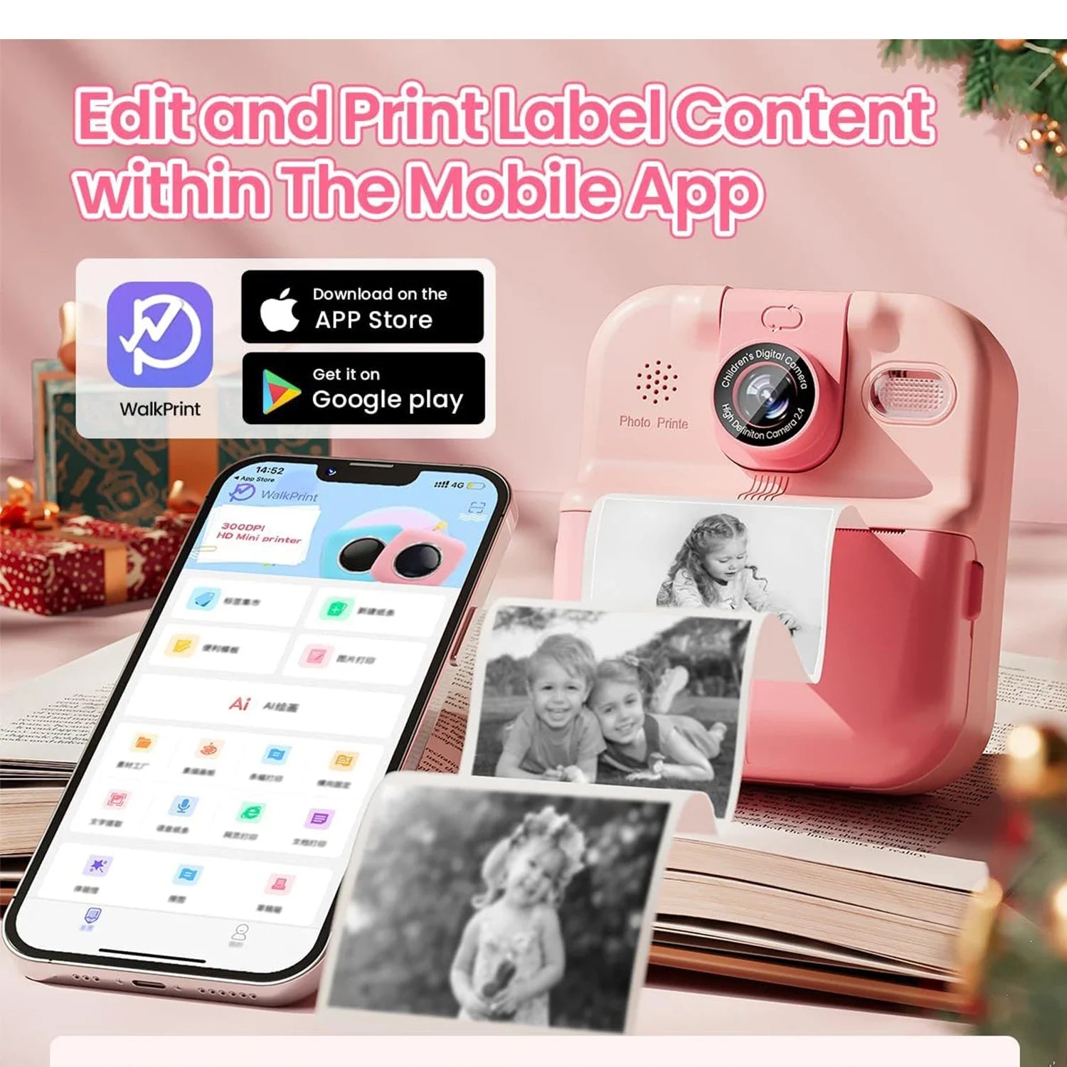 Kids Camera Instant Print Bluetooth Connection Photo 1080P HD Toddler Camera for Girls Boys 3-12 Age Birthday Christmas Gifts