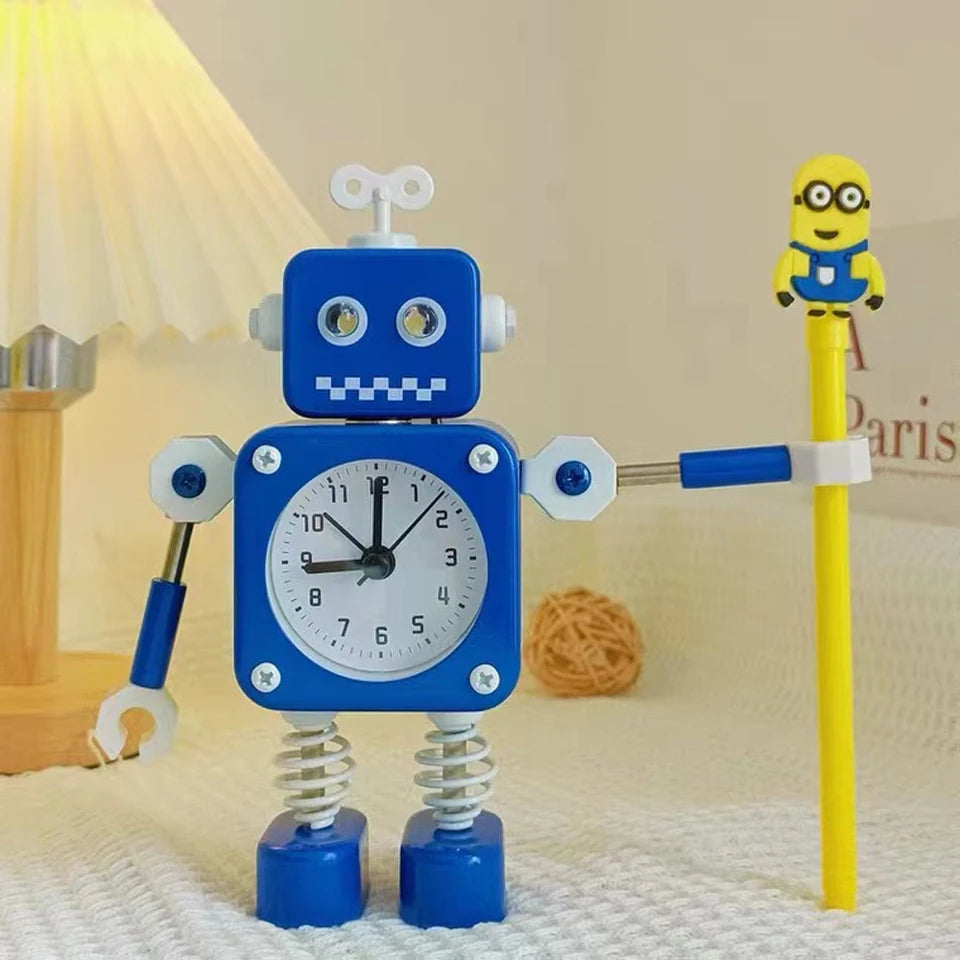 Robot Alarm Clock, Non-Ticking Wake-up Clock with Flashing Eye Lights and Rotating Arm, Gift for Kids, Funny Decoration for Desk