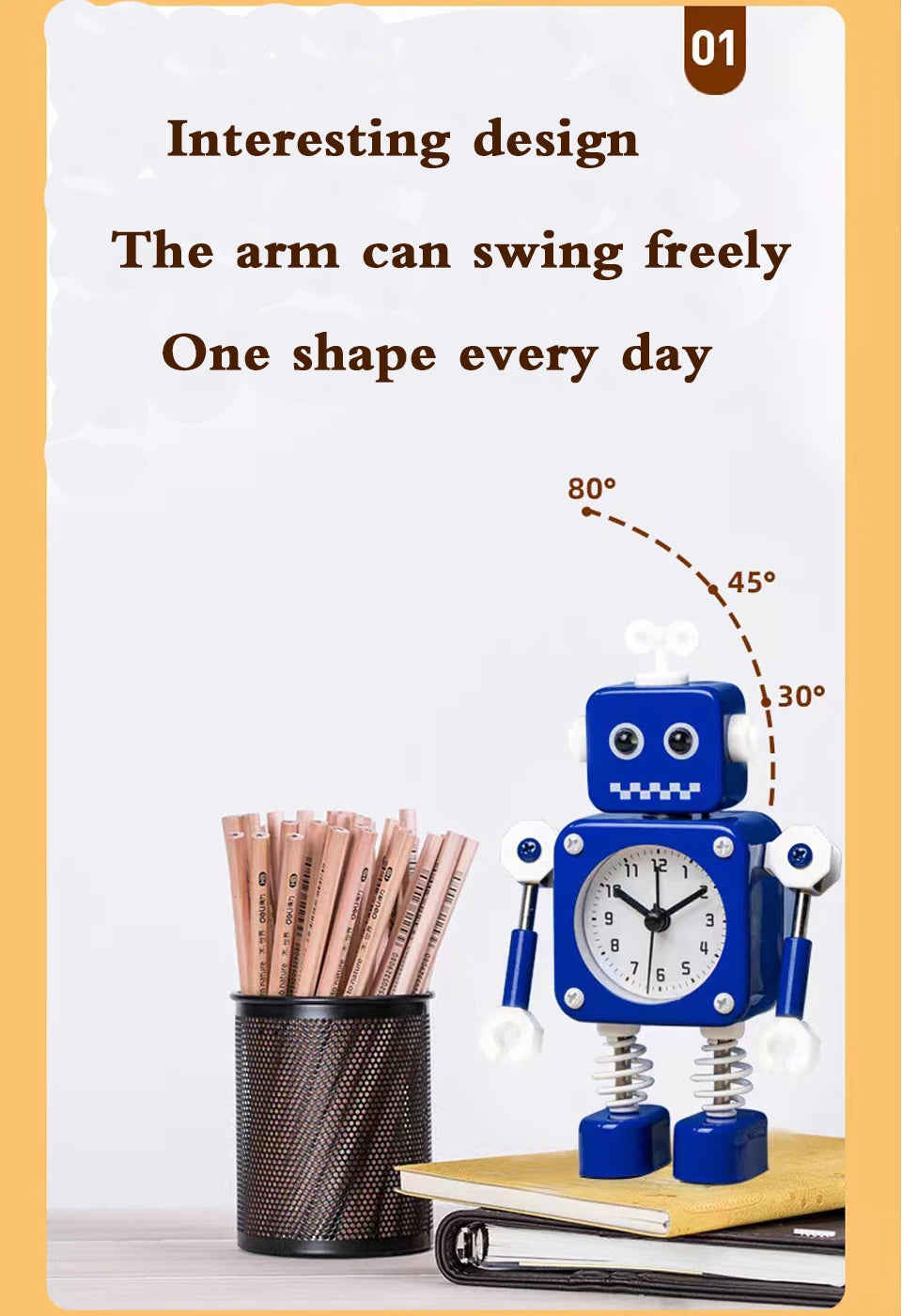 Robot Alarm Clock, Non-Ticking Wake-up Clock with Flashing Eye Lights and Rotating Arm, Gift for Kids, Funny Decoration for Desk