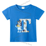 Blueyi Theme T-Shirt Blue Letter A-Z Printed Summer Kids Short Sleeve Top O-neck Cartoon Bingo Casual Tees Funny Gifts
