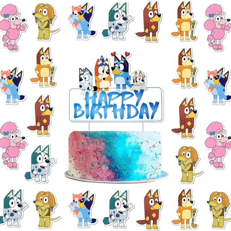 25pcs Bluey  Cartoon Blue Dog Bingo Cake Decoration Top Happy Birthday For Cake Dessert Kids Birthday Party Photo Decorations