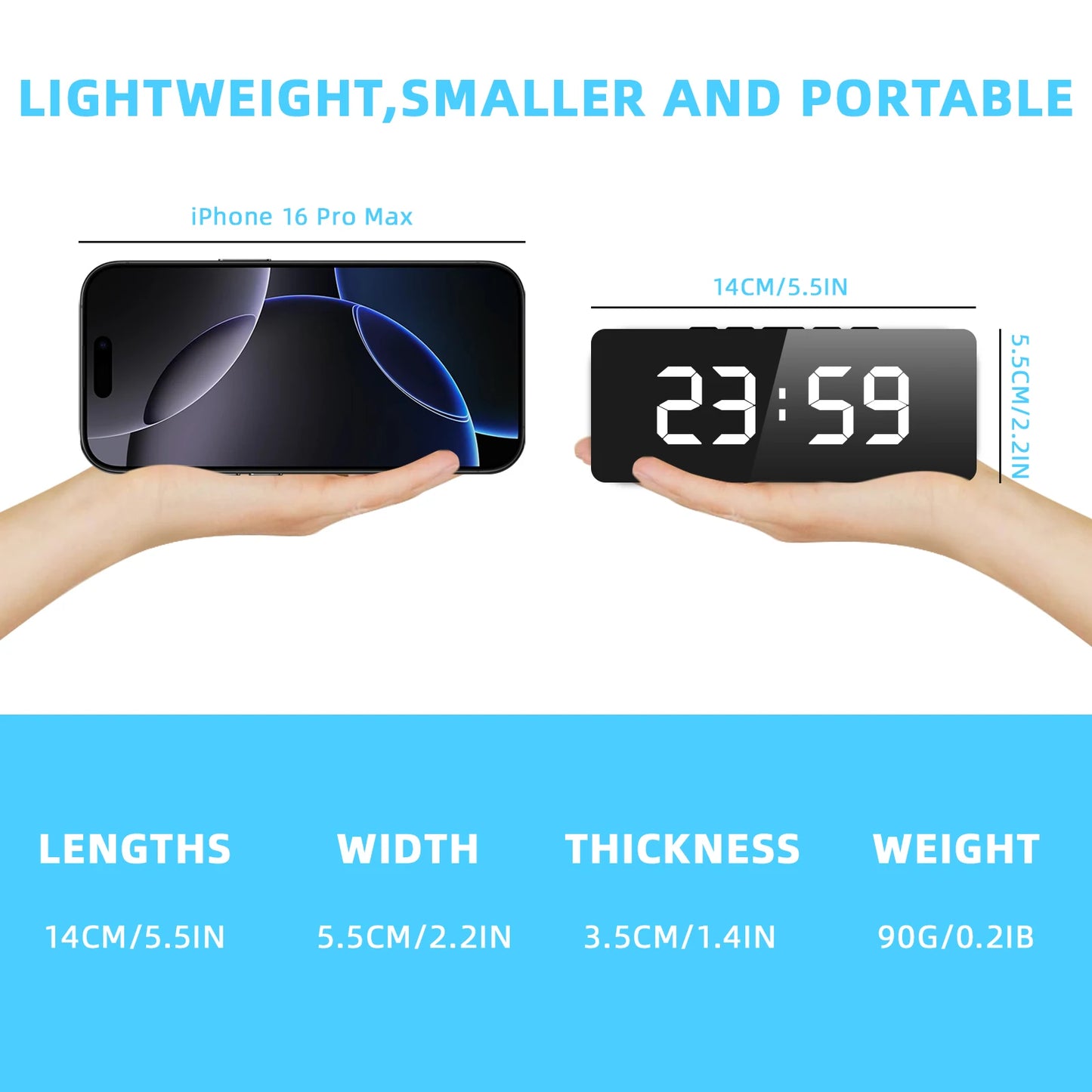 Smart Alarm Clock Bedside Table Led Alarm Clock Digital Children's Electronic Alarm Clock Curved Screen Mirror Temperature