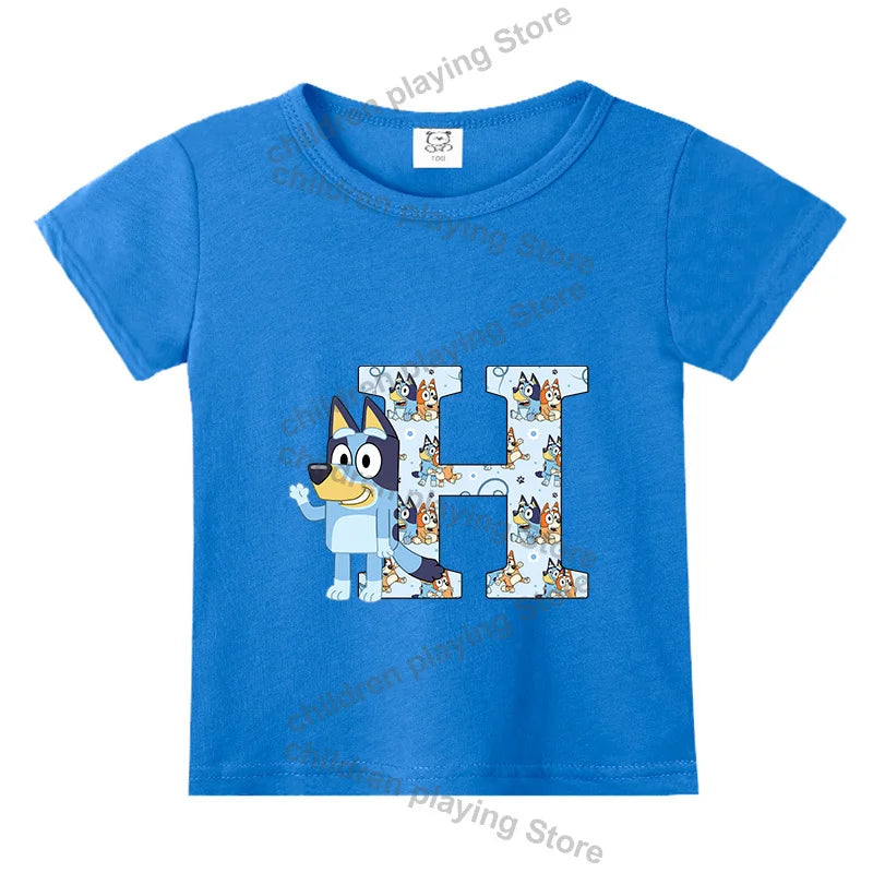 Blueyi Theme T-Shirt Blue Letter A-Z Printed Summer Kids Short Sleeve Top O-neck Cartoon Bingo Casual Tees Funny Gifts