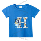 Blueyi Theme T-Shirt Blue Letter A-Z Printed Summer Kids Short Sleeve Top O-neck Cartoon Bingo Casual Tees Funny Gifts