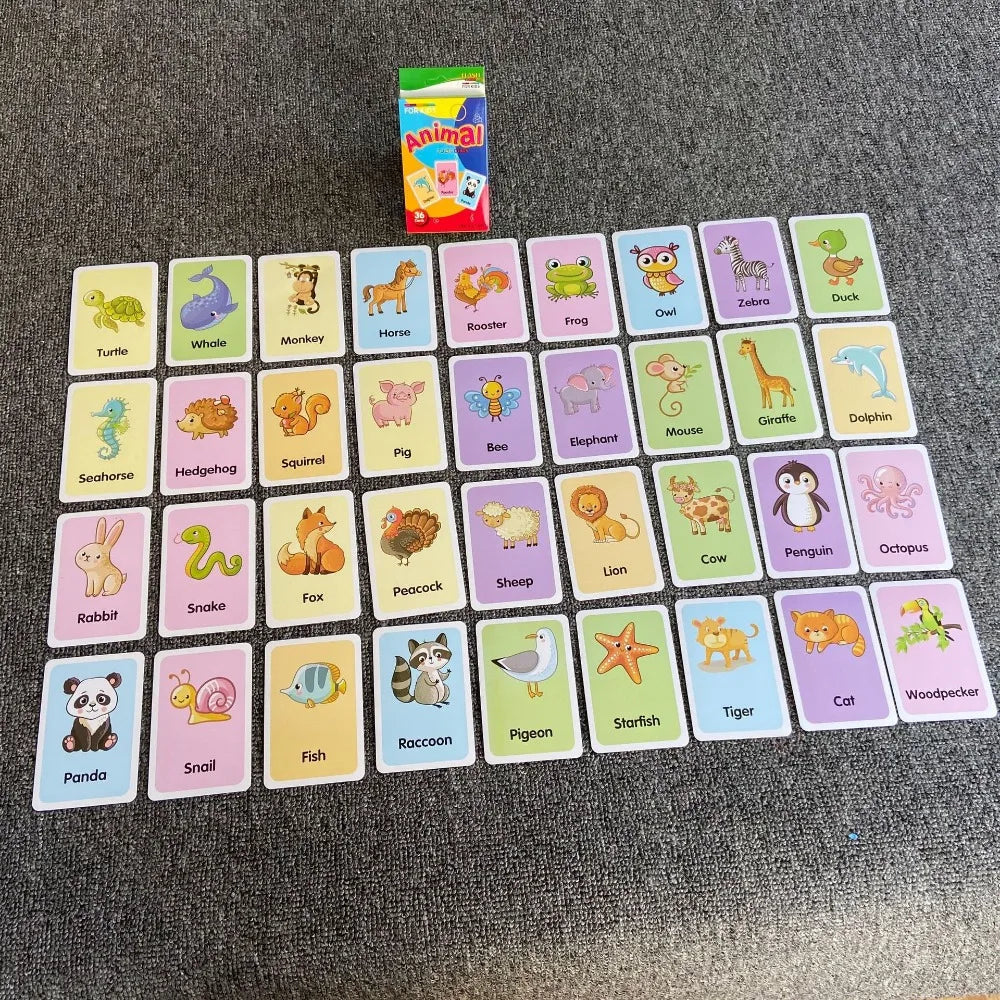 Montessori Early Baby Flash Cards Fruits Durable Children's Education Flash Cards Animal English Word Recognition Cards