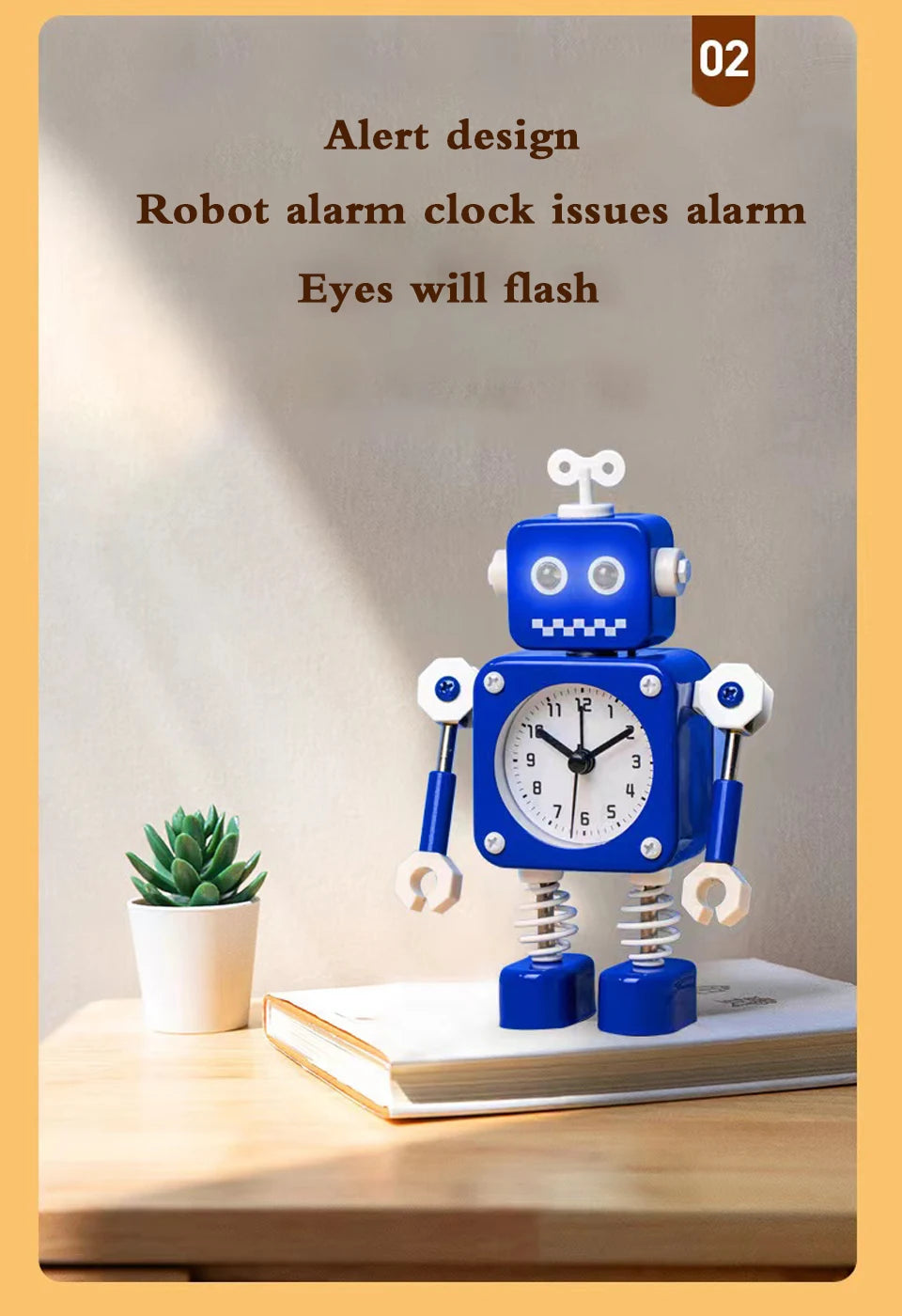 Robot Alarm Clock, Non-Ticking Wake-up Clock with Flashing Eye Lights and Rotating Arm, Gift for Kids, Funny Decoration for Desk