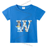 Blueyi Theme T-Shirt Blue Letter A-Z Printed Summer Kids Short Sleeve Top O-neck Cartoon Bingo Casual Tees Funny Gifts