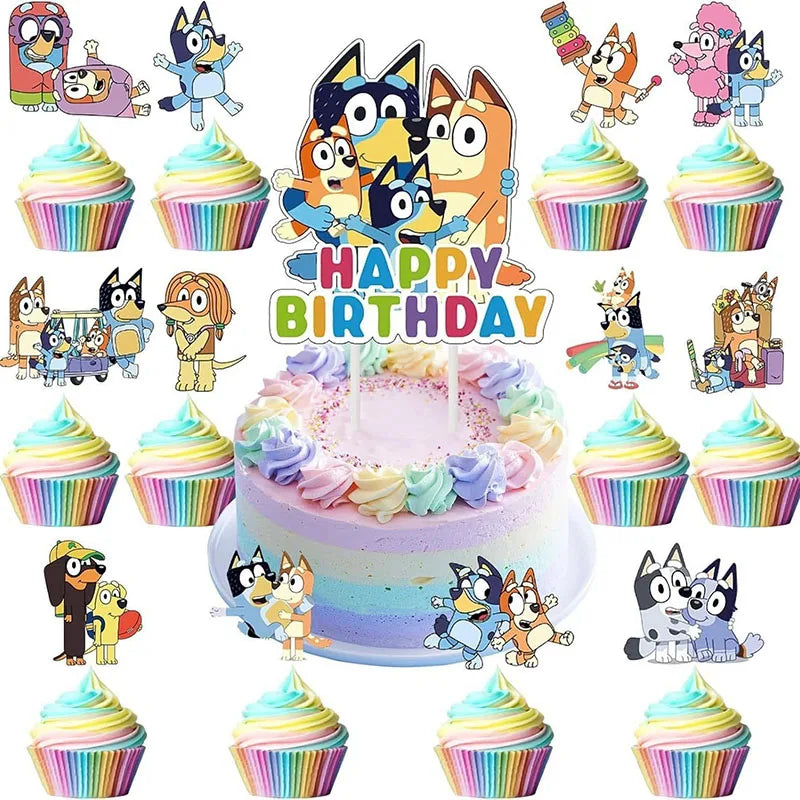 25pcs Bluey  Cartoon Blue Dog Bingo Cake Decoration Top Happy Birthday For Cake Dessert Kids Birthday Party Photo Decorations