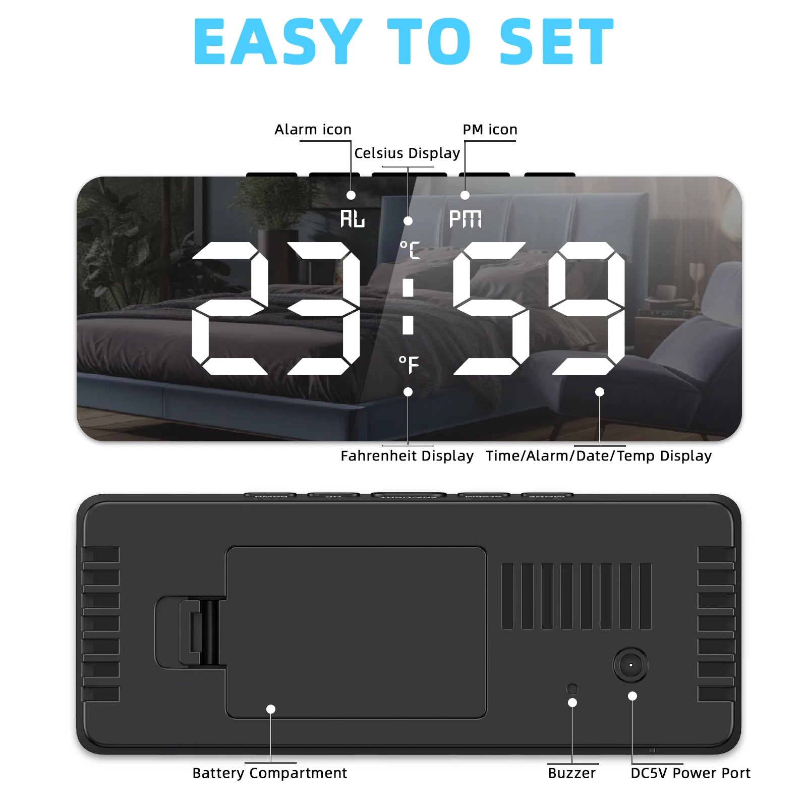 Smart Alarm Clock Bedside Table Led Alarm Clock Digital Children's Electronic Alarm Clock Curved Screen Mirror Temperature