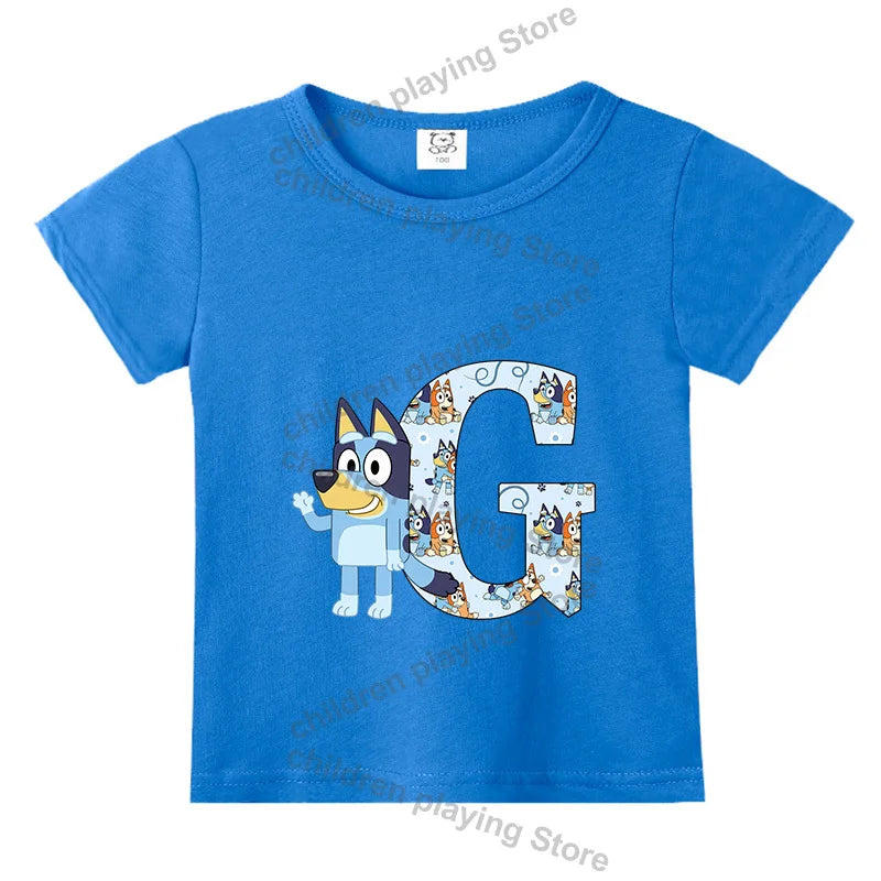 Blueyi Theme T-Shirt Blue Letter A-Z Printed Summer Kids Short Sleeve Top O-neck Cartoon Bingo Casual Tees Funny Gifts