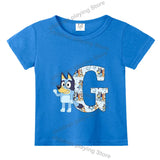 Blueyi Theme T-Shirt Blue Letter A-Z Printed Summer Kids Short Sleeve Top O-neck Cartoon Bingo Casual Tees Funny Gifts