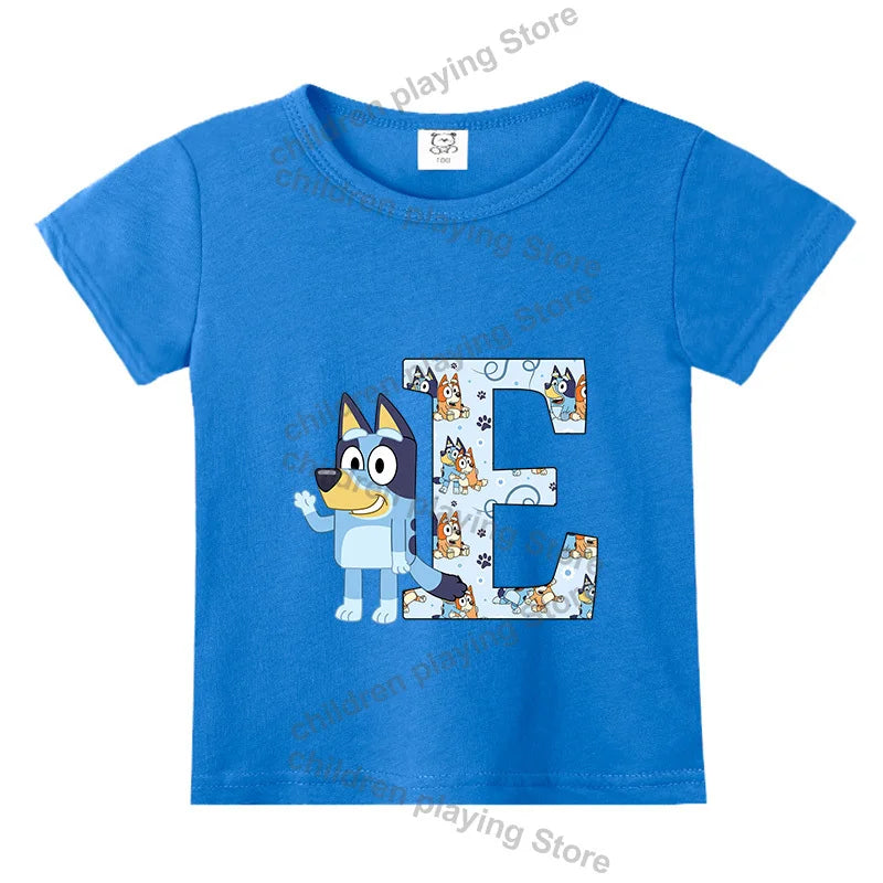 Blueyi Theme T-Shirt Blue Letter A-Z Printed Summer Kids Short Sleeve Top O-neck Cartoon Bingo Casual Tees Funny Gifts