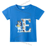 Blueyi Theme T-Shirt Blue Letter A-Z Printed Summer Kids Short Sleeve Top O-neck Cartoon Bingo Casual Tees Funny Gifts