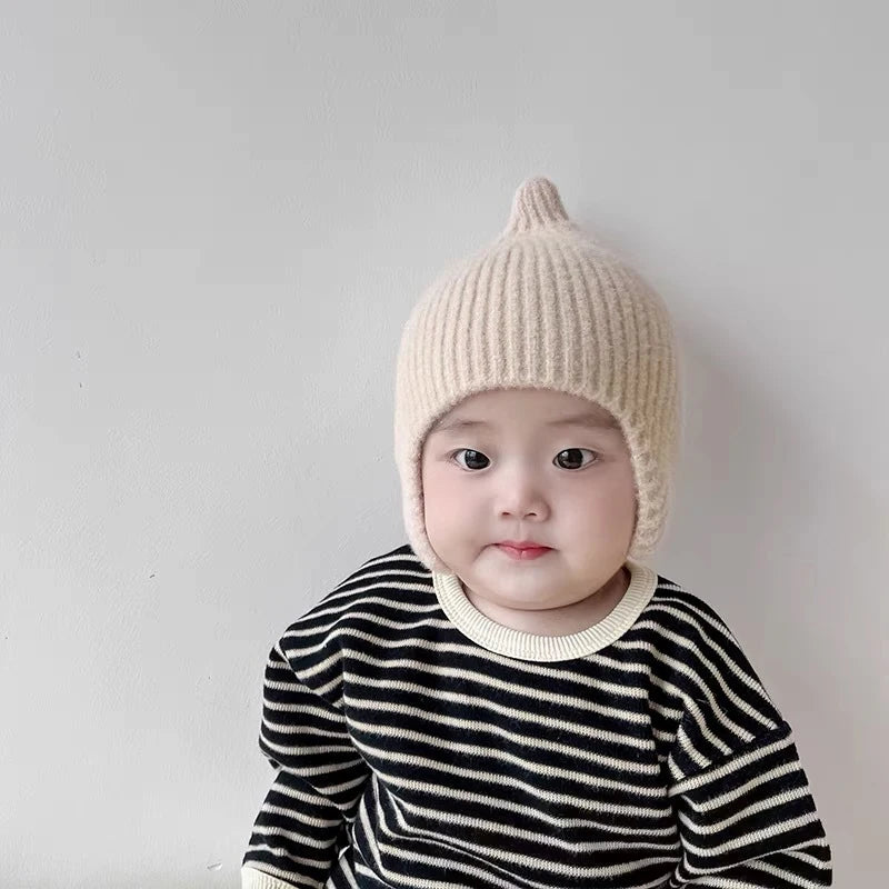 Korean Baby Ear Protection Hat Warm Warm Toddler Kintted Hats 1-3Years Girl Boy Earmuffs Cap Solid Woolen Kids Crochet Bonnet 모자