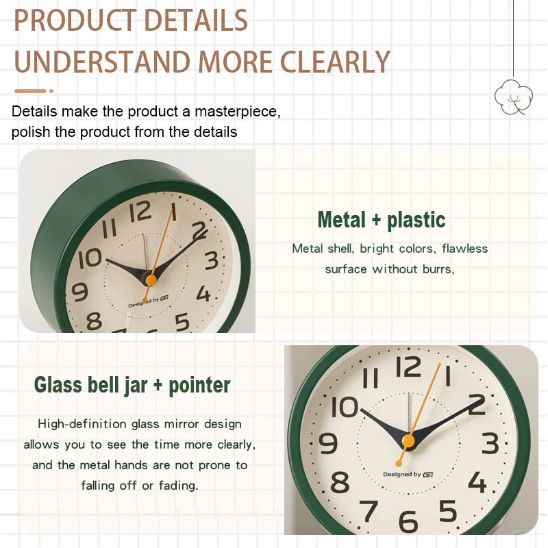 Children's alarm clock, metal material, silent operation time, with night light, suitable for bedroom, office, all scenes