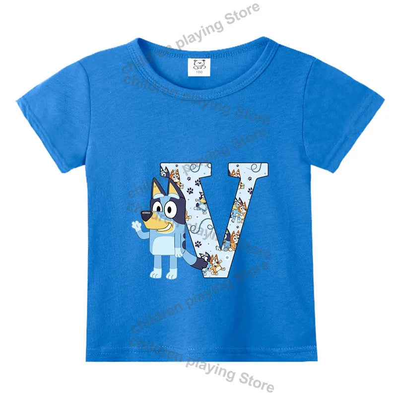Blueyi Theme T-Shirt Blue Letter A-Z Printed Summer Kids Short Sleeve Top O-neck Cartoon Bingo Casual Tees Funny Gifts