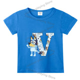 Blueyi Theme T-Shirt Blue Letter A-Z Printed Summer Kids Short Sleeve Top O-neck Cartoon Bingo Casual Tees Funny Gifts